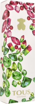 Białe pudełko perfum Tous Gems Power z ilustracjami różowo-zielonych kamieni i złotym misiem Tous. Widok z przodu.