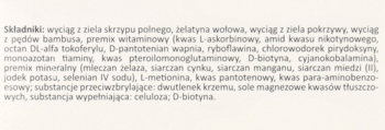 Maxi Krzem: zbliżenie na szczegółową listę składników, witamin i mikroelementów produktu, widoczną na jasnym tle.