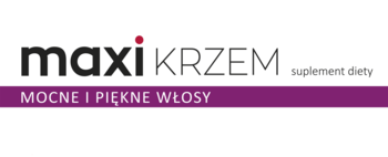 Maxi Krzem suplement diety dla mocnych i pięknych włosów. Logo z czarnym napisem i czerwoną kropką.