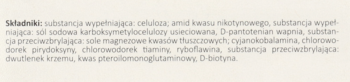 Fragment etykiety suplementu Vitaminum B Colfarm z pełnym składem: celuloza, witaminy, sole magnezowe.
