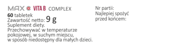 Etykieta suplementu diety MAX VITA B COMPLEX (60 tabletek/9g), białe tło, szary tekst, dane o partii i ważności.