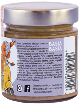 Tył słoika Basia Basia: krem z orzechów włoskich i daktyli. Fioletowa etykieta z wiewiórką, bez cukru i oleju palmowego.