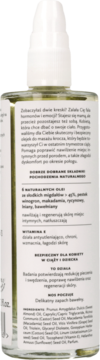 Tył butelki naturalnego olejku do masażu krocza. Widoczna etykieta z opisem zastosowania i składników.