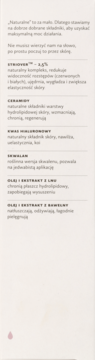 Tylna etykieta balsamu dla kobiet w ciąży, opisująca naturalne składniki: Striover, ceramidy, kwas hialuronowy.