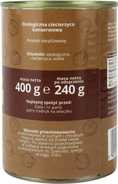 Tył puszki Bio ciecierzycy konserwowej bez soli i BPA, brązowa etykieta z inf. o składzie i wadze.