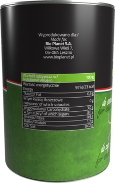 Tył czarnej puszki Bio Planet z widoczną etykietą producenta i zielonym panelem wartości odżywczych.