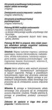 Opis produktu Polomag B6 MAX: ulotka z czarnym tekstem na białym tle, działanie magnezu i witaminy B6.
