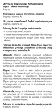 Tekstowa ulotka Polomag B6 MAX opisująca działanie magnezu i witaminy B6 na mięśnie, nerwy i zmęczenie.