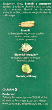 Zielony panel opakowania Błonnika z ananasem, pokazujący składniki: pszenicę, akację, jabłko oraz dane producenta.