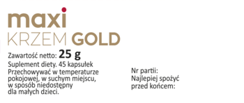 Etykieta suplementu diety Maxi Krzem Gold 25g, 45 kapsułek, na białym tle, z widoczną gramaturą.