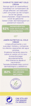 Tył opakowania mydła z Cold Cream, białe z tekstem, 82% naturalnych składników, informacjami po niderlandzku i hiszpańsku.