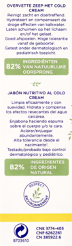 Boczny panel mydła z cold cream, tekst w języku holenderskim i hiszpańskim, 82% naturalnego pochodzenia, logo eko.