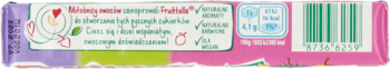 Tył opakowania cukierk3&#x00f3;w Fruittella Owocowy Ogr3&#x00f3;d, r3&#x00f3;żowo-zielony, z białym panelem info i kodem kreskowym.