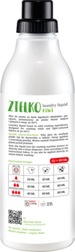 Tył białej butelki płynu do prania ZIELKO KIWI 1000ml. Zielone napisy, instrukcja i tabela dawkowania.