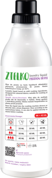 ZIELKO płyn do prania Passion Feffi, biała butelka z czarną zakrętką, tył z instrukcjami prania i tabelą dozowania.