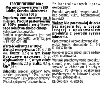 Zbliżenie na tył białego opakowania musu FRECHE FREUNDE BIO, jabłko, gruszka, marchewka, dynia 100g.