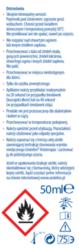 Pojemnik Undofen Krioterapia 50ml, widok z boku, z polskimi instrukcjami użytkowania i symbolami zagrożeń.