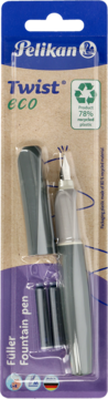 Pelikan Twist ECO szare pióro wieczne w blistrze, 78% recyklingu, widok z przodu, z widocznymi kartridżami.