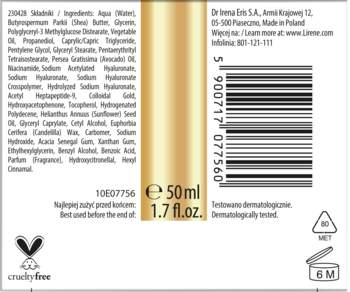 Tył opakowania kremu Lirene Collagen Glow 50ml z pełnym składem, kodem kreskowym i certyfikatem cruelty-free.