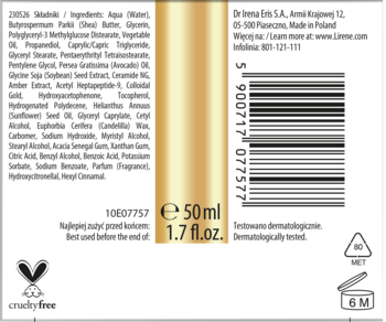 Tył złotej butelki Lirene Collagen Glow 50ml z listą składników, kodem kreskowym i napisem 'cruelty free'.