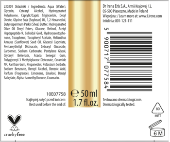 Tylna etykieta kremu Lirene Collagen Glow 50ml: pionowy złoty pasek, lista składników, kod EAN i symbol 6M.