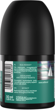 Czarny męski antyperspirant so!flow w kulce 50ml, zapach limonki i rozmarynu. Widok z tyłu, etykieta z tekstem i kodem kreskowym.