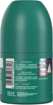 Ciemnozielony antyperspirant w kulce so!flow dla mężczyzn, tył z etykietą PL/EN o działaniu chroniącym przed potem.