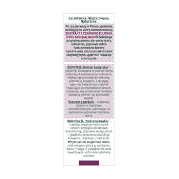 Przycięty fragment opisu Uzdrovisco Czarny Tulipan Intense serum spłycającego zmarszczki, z kluczowymi składnikami.
