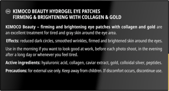 Tekst z opisem KIMOCO BEAUTY HYDROGEL EYE PATCHES, ujędrniających i rozświetlających z kolagenem i złotem, na czarnym tle.