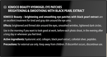 Tekst KIMOCO BEAUTY Hydrogel Eye Patches na czarnym tle, opis rozświetlająco-wygładzający z czarną perłą.