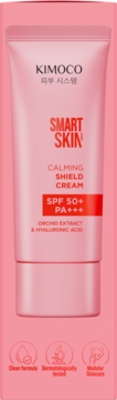 Różowa tuba kremu KIMOCO Smart Skin Calming Shield SPF 50+ PA+++ z ekstraktem orchidei, widok z przodu.