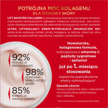 Biały słoiczek kremu-wypełniacza zmarszczek 60+ z kolagenem i witaminą C. Widoczne procentowe efekty działania.