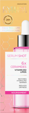 Eveline Serum Shot 6x Ceramides, Vitamin B12 Lipids. Żółto-różowe opakowanie z serum, z przodu.