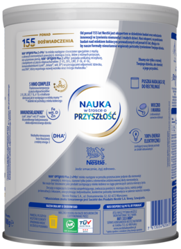 Tył opakowania mleka NAN OPTIPRO Plus 2 HMO: srebrna puszka z informacjami o 5 HMO, immunoskładnikach i DHA.