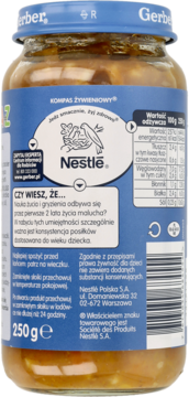 Tył słoiczka Gerber z niebieską etykietą Nestlé, prezentujący wartości odżywcze i składniki. Widoczna masa 250g.