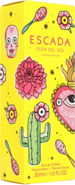 Żółte pudełko Escada Flor Del Sol Eau de Toilette z meksykańskimi ilustracjami, przód opakowania.