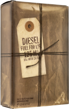 Diesel Fuel For Life męska woda toaletowa w pogniecionym brązowym opakowaniu, z etykietą i sznurkiem, widok z przodu.