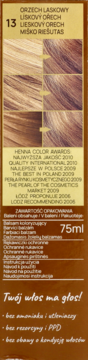 Opakowanie balsamu koloryzującego Henna Color 75ml, odcień 13 Orzech Laskowy, bez amoniaku i PPD.