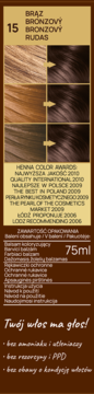Henna Color balsam koloryzujący 15 Brąz Rudas 75ml, opakowanie z próbkami włosów przed i po.