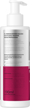 Tył białej butelki Revoss 190ml, mleczka termoochronnego do stylizacji, z proteinami i różową etykietą.