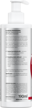 Tył białego mleczka termoochronnego Revoss Professional do włosów, z proteinami, pantenolem i 190ml.
