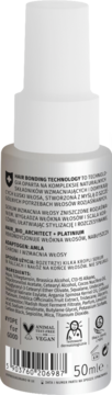 Tył srebrnej butelki serum Blonde my hair 50ml, platyna i adaptogeny. Wzmacnia blond włosy.