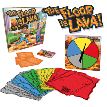 Zestaw gry The Floor is Lava: pudełko, logo, spinner, stosy kolorowych mat, pomarańczowe karty do skakania.