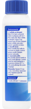 Tył butelki płynu Domol do czyszczenia pralki, niebieska etykieta z polskimi instrukcjami.