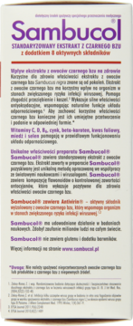 Białe pudełko Sambucol, ekstrakt z czarnego bzu i 8 składników, fioletowy nagłówek, widok z przodu.