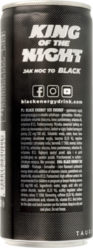 Czarna puszka napoju Black Energy Sex Energy, widok z tyłu z pełnym składem i smakiem pitahaya-grenadyny.