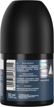 Tył czarnego antyperspirantu roll-on so!flow dla mężczyzn, z widocznym kodem kreskowym i etykietą z opisem działania.