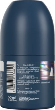 Ciemnoniebieski antyperspirant so!flow w kulce 50ml, tył opakowania z kodem kreskowym i opisem działania.