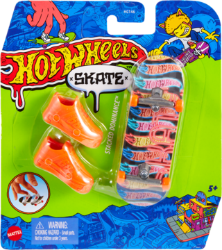 Hot Wheels Skate fingerboard set: colorful board with logo pattern, two orange finger shoes, in blister pack. Front view.