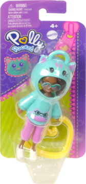 Lalka Polly Pocket w niebieskiej bluzie z kapturem-kotem i różowych spodniach, w blistrze, z żółtym klipsem.